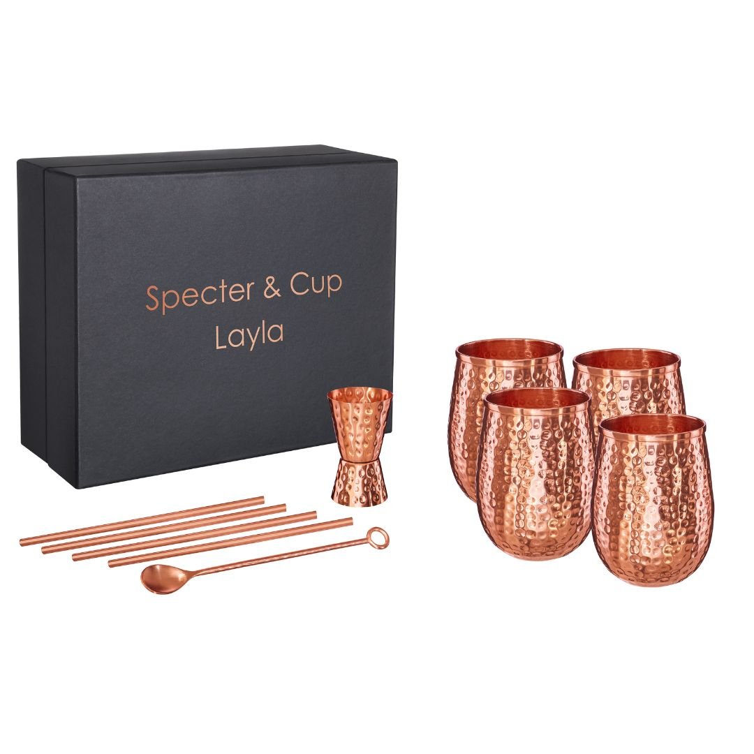 Copper Mug Set Layla – 4x Cocktail Mugs (hammered, 470 ml) + 6-piece accessory set