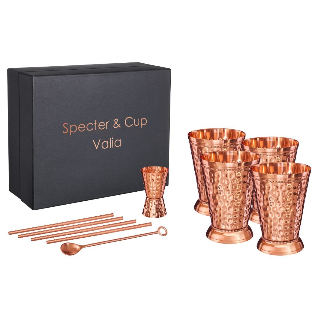 Valia Kupferbecher-Set – 4x Cocktailbecher (gehämmert, römisch geprägter Stil, 300 ml) + 6-teiliges Zubehör-Set